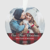 レッドバッファロープレイドカップル初めてのクリスマス オーナメント (正面)