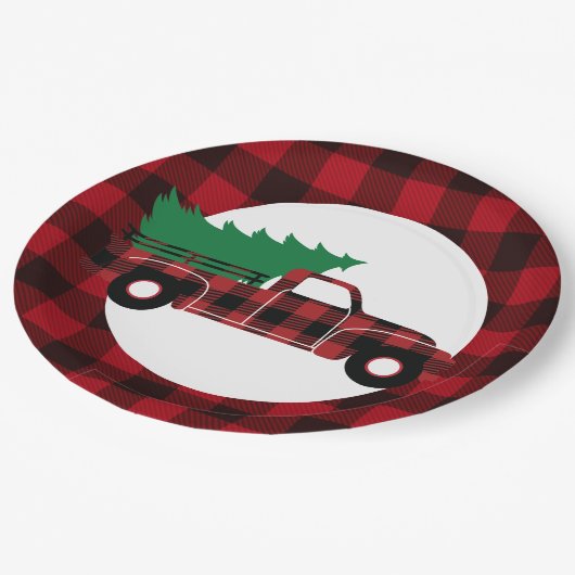 レッドバッファロープレイドクリスマストラック紙プレート ペーパープレート (アングル)