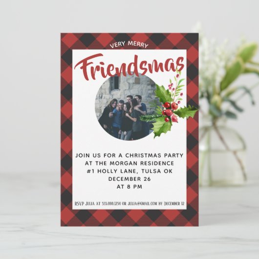 レッドバッファロープレイドクリスマスパーティー写真招待状 招待状 (スタンド正面)