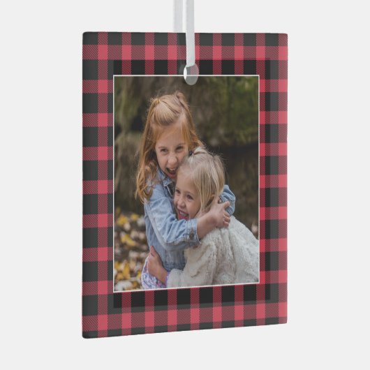 レッドバッファロープレイドクリスマスフォトセラミックオーナメント ガラスオーナメント (正面右)