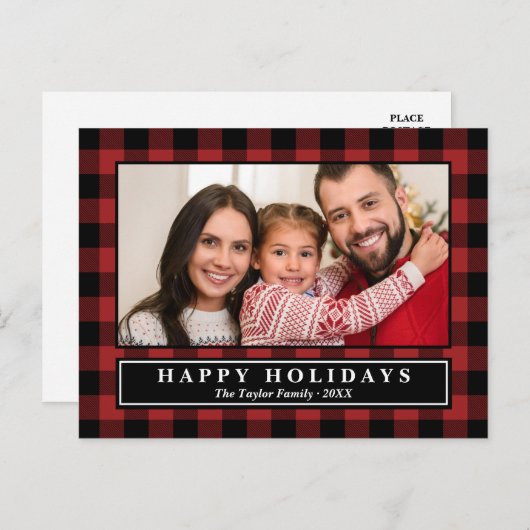 レッドバッファロープレイドクリスマスフォトホリデー ポストカード (正面/裏面)