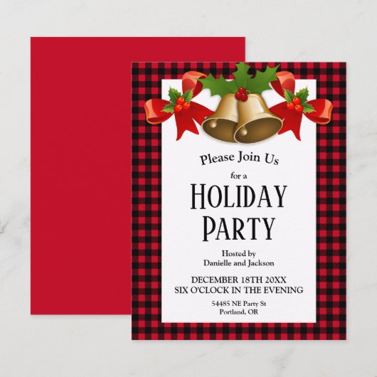 レッドバッファロープレイドクリスマスホリーベル 招待状 (正面/裏面)