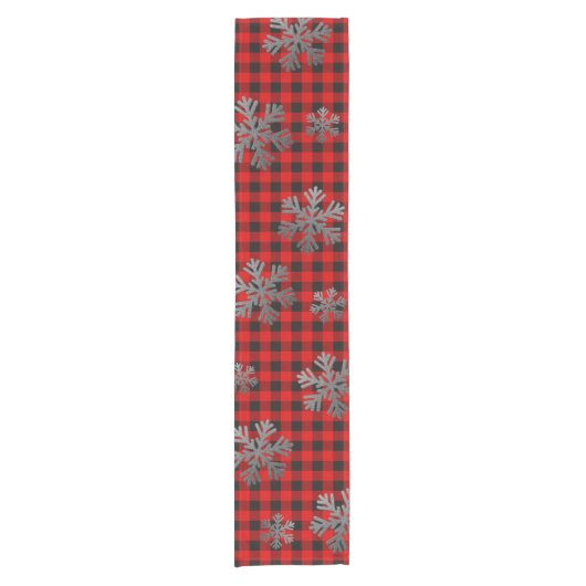 レッドバッファロープレイドシルバーグリッター雪片 ショートテーブルランナー (正面)