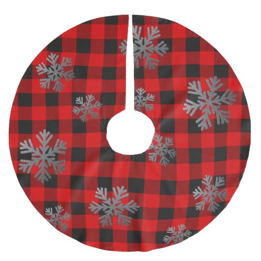 レッドバッファロープレイドシルバーグリッター雪片 ブラッシュドポリエステルツリースカート (正面)