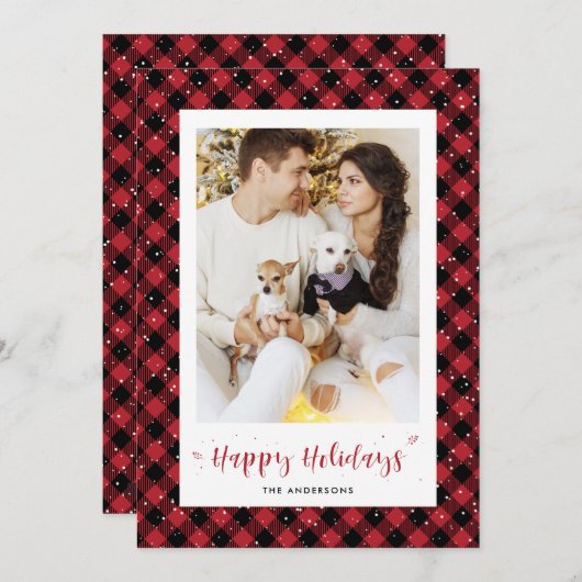 レッドバッファロープレイドスノーフォトホリデーカード シーズンカード (正面/裏面)