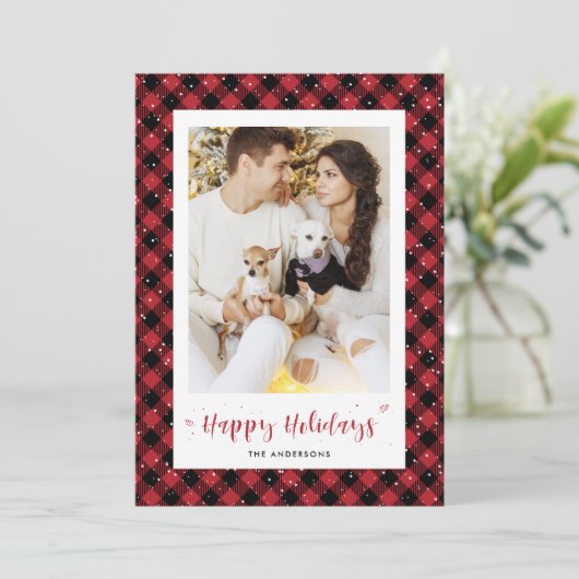 レッドバッファロープレイドスノーフォトホリデーカード シーズンカード (スタンド正面)