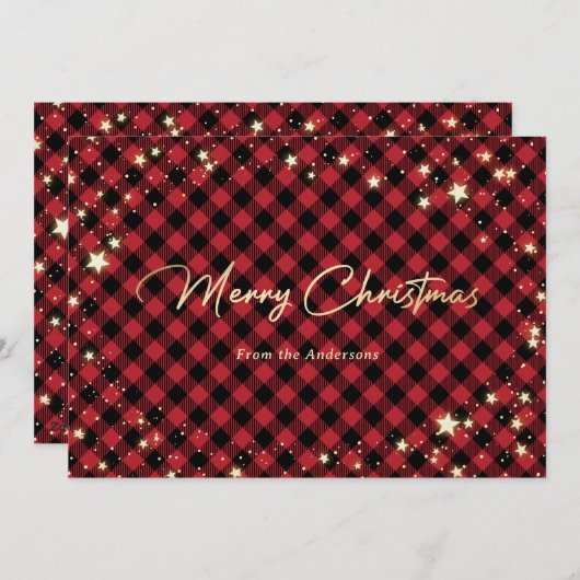 レッドバッファロープレイドスノーフレーク星クリスマスカード シーズンカード (正面/裏面)