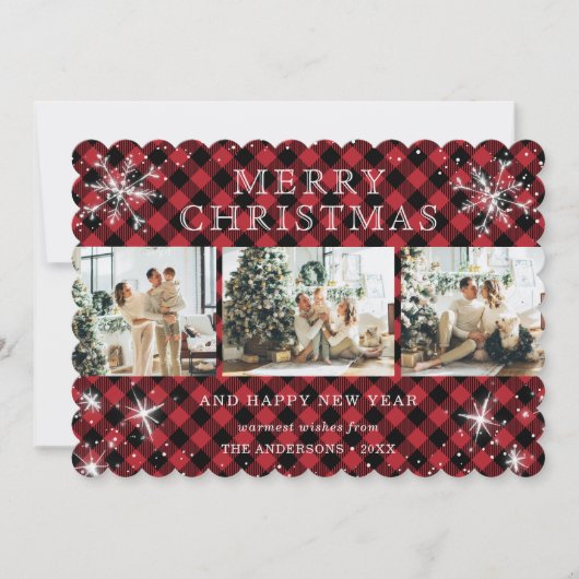 レッドバッファロープレイドスノーフレーク3フォトコラージュ シーズンカード (正面)