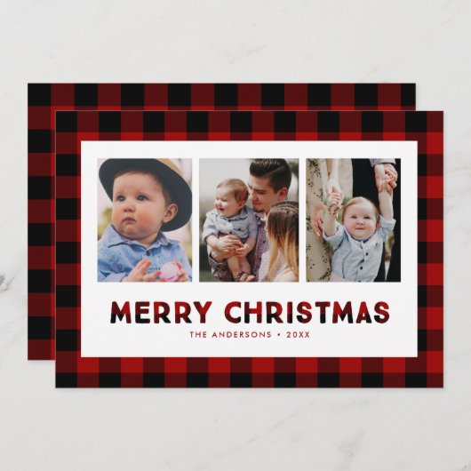 レッドバッファロープレイドトリプチチクリスマスフォトカード シーズンカード (正面/裏面)