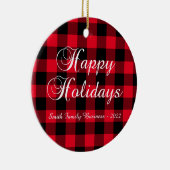 レッドバッファロープレイドハッピーホリデーズビジネスロゴ セラミックオーナメント (右)