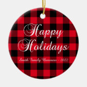 レッドバッファロープレイドハッピーホリデーズビジネスロゴ セラミックオーナメント (正面)