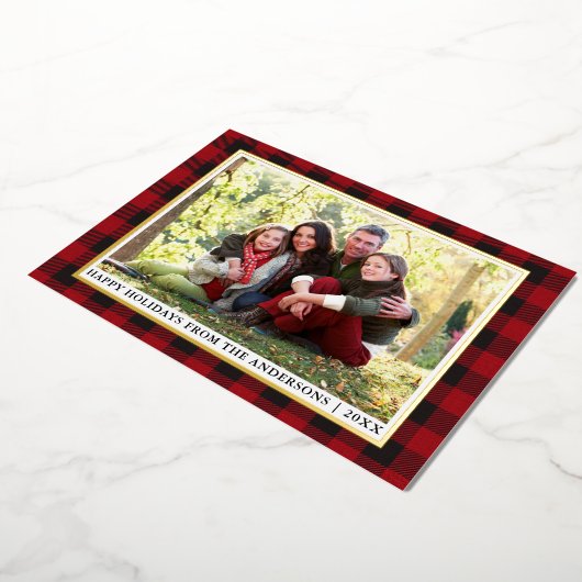 レッドバッファロープレイドハッピーホリデーズフォト金ゴールド 箔シーズンカード (回転した状態)
