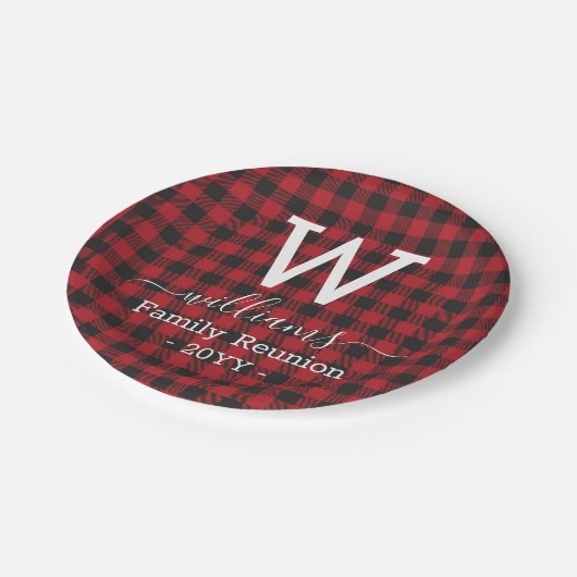 レッドバッファロープレイドファミリー懇親会モノグラムの ペーパープレート (アングル)