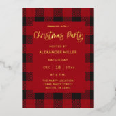 レッドバッファロープレイドフランネルクリスマスパーティー 箔招待状 (正面)