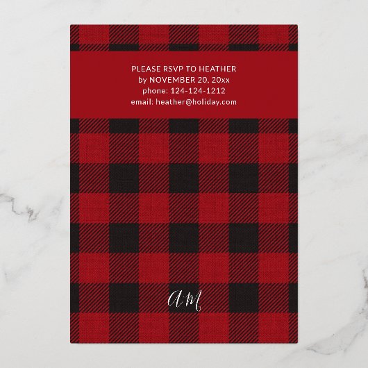 レッドバッファロープレイドフランネルクリスマスパーティー 箔招待状 (裏面)