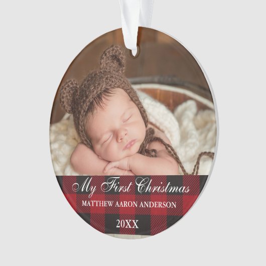 レッドバッファロープレイドベビーマイ初めてのクリスマス オーナメント (正面)