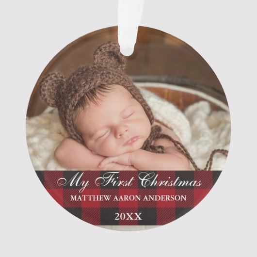 レッドバッファロープレイドベビーマイ初めてのクリスマス オーナメント (正面)