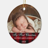 レッドバッファロープレイドベビーマイ初めてのクリスマス セラミックオーナメント (左)