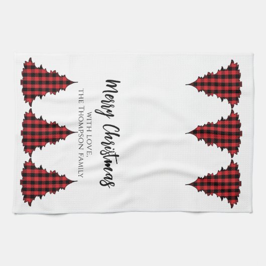 レッドバッファロープレイドメリークリスマスカスタム キッチンタオル (横)