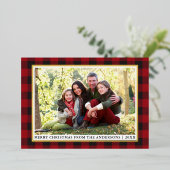 レッドバッファロープレイドメリークリスマスフォト金ゴールド 箔シーズンカード (立ち正面)
