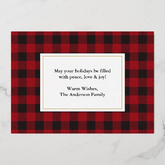 レッドバッファロープレイドメリークリスマスフォト金ゴールド 箔シーズンカード (裏面)