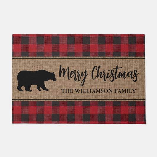 レッドバッファロープレイドメリークリスマスベアーホリデー ドアマット (正面)
