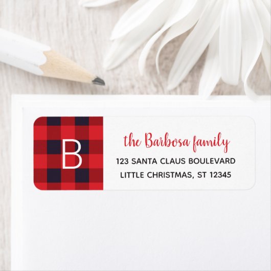 レッドバッファロープレイドモノグラムのクリスマスイニシャル ラベル (インサイチュ)