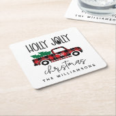 レッドバッファロープレイドヴィンテージトラックとツリーモノグラム スクエアペーパーコースター (アングル)