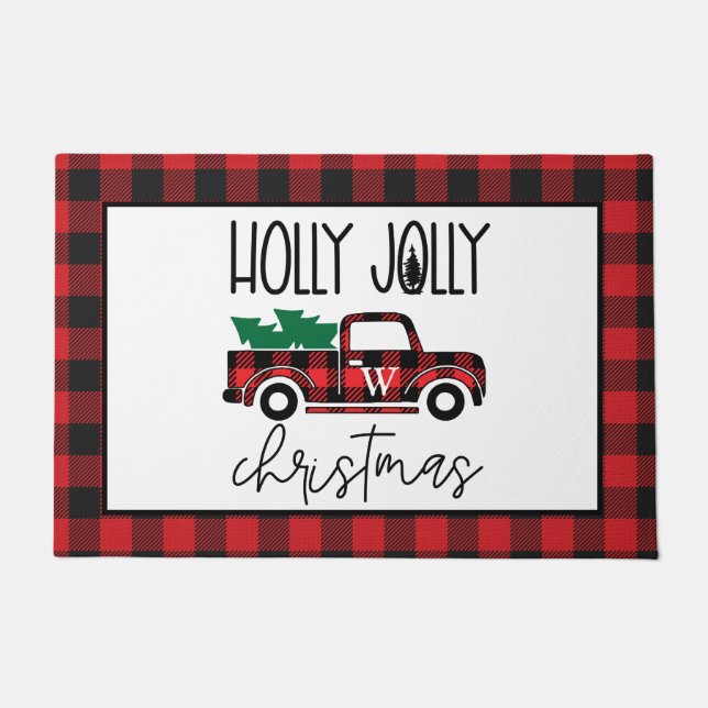 レッドバッファロープレイドヴィンテージトラック&ツリーモノグラム ドアマット (正面)