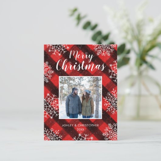 レッドバッファロープレイド絵を描タータンチェッククリスマス写真 シーズンポストカード (スタンド正面)