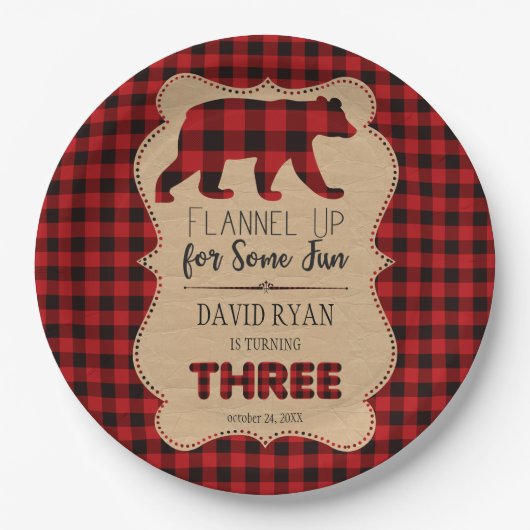 レッドバッファロープレイド誕生日3カスタム ペーパープレート (正面)