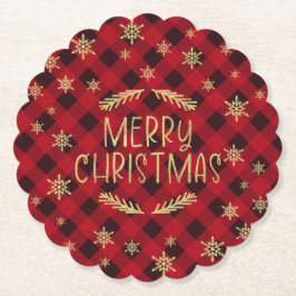 レッドバッファロープレイド金ゴールドスノーフレークメリークリスマス ペーパーコースター