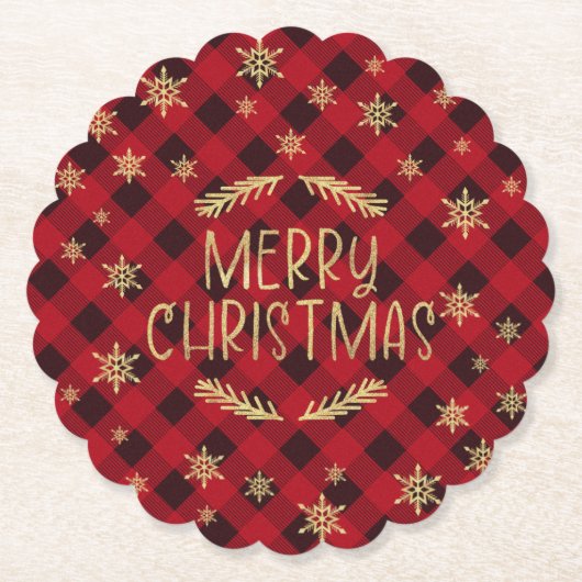 レッドバッファロープレイド金ゴールドスノーフレークメリークリスマス ペーパーコースター (正面)