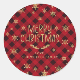 レッドバッファロープレイド金ゴールドスノーフレークメリークリスマス ラウンドシール