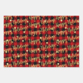 レッドバッファロープレイド金ゴールド書ズクリスマスジングル ラッピングペーパーシート (正面3)