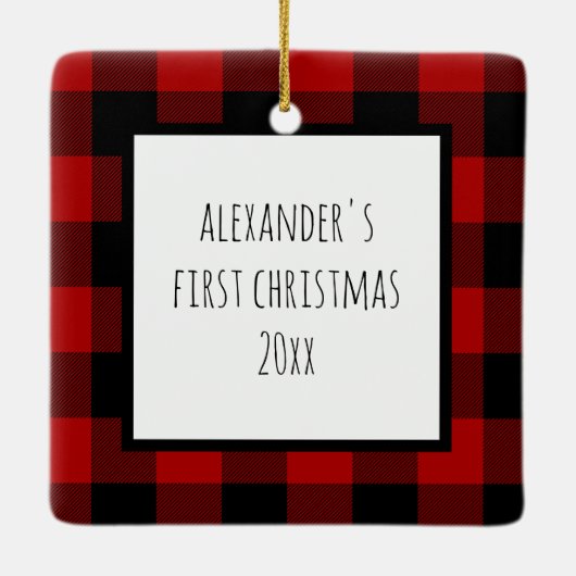 レッドバッファロープレイド1stクリスマスベビー写真 セラミックオーナメント (裏面)