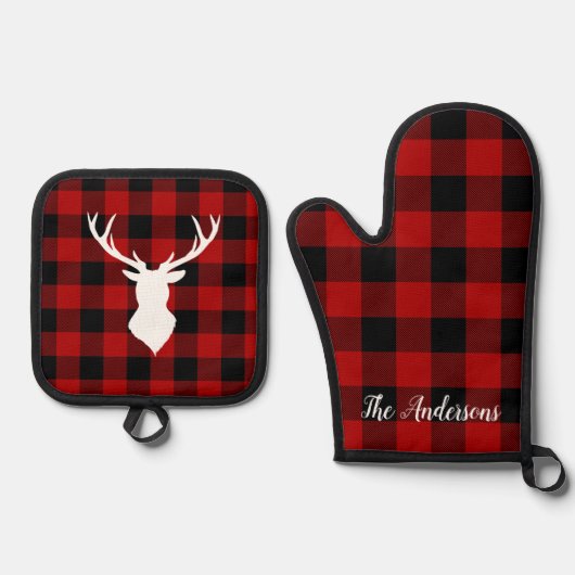 レッドバッファロープレイド&ディアー |個人名ギフト 鍋つかみ&鍋敷きセット (正面)