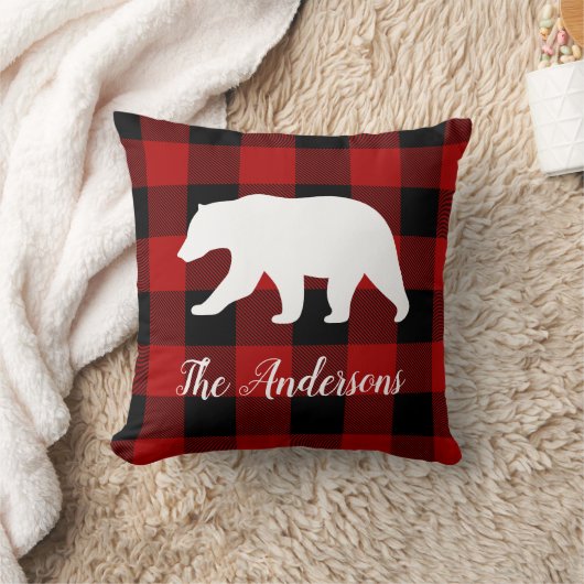 レッドバッファロープレイド&ベア |個人名ギフト クッション (ブランケット)