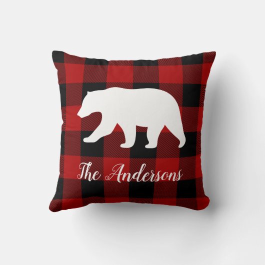 レッドバッファロープレイド&ベア |個人名ギフト クッション (裏面)