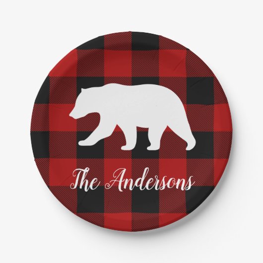 レッドバッファロープレイド&ベア |個人名ギフト ペーパープレート (正面)