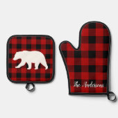 レッドバッファロープレイド&ベア |個人名ギフト 鍋つかみ&鍋敷きセット (正面)