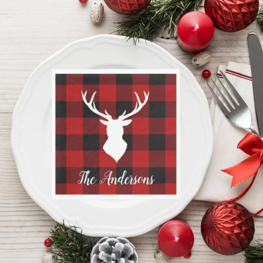 レッドバッファロープレイド&ホワイトディアー |個人名昼寝 スタンダードランチョンナプキン