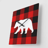 レッドバッファロープレイド&ホワイトベア スクエア壁時計 (傾斜)