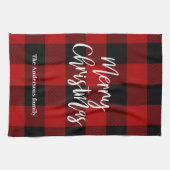 レッドバッファロープレイド&メリークリスマス |個人名 キッチンタオル (横)