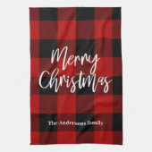 レッドバッファロープレイド&メリークリスマス |個人名 キッチンタオル (縦)