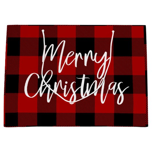 レッドバッファロープレイド&メリークリスマス |個人名 ラージペーパーバッグ (正面)