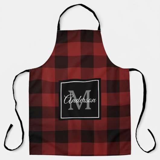 レッドバッファロープレイド |個人イニシャル |ギフトエプロン エプロン (正面)