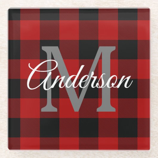 レッドバッファロープレイド |個人イニシャル |ギフト ガラスコースター (正面)