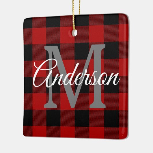 レッドバッファロープレイド |個人イニシャル |ギフト セラミックオーナメント (左)