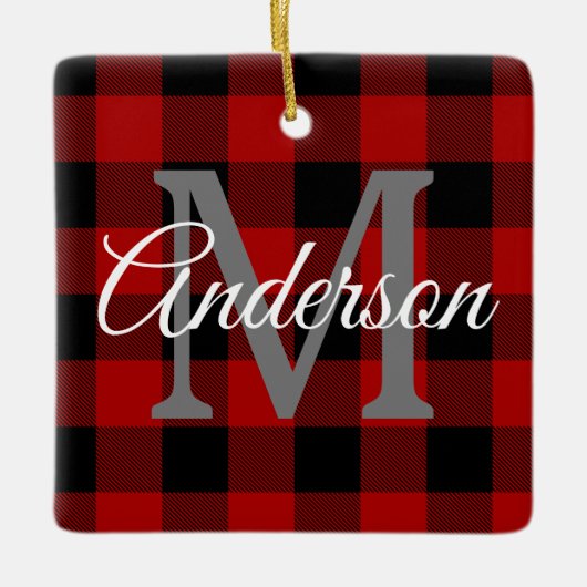 レッドバッファロープレイド |個人イニシャル |ギフト セラミックオーナメント (正面)
